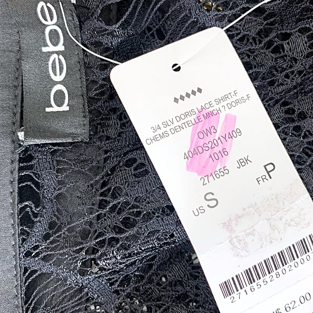 Bebe Doris 3/4 Sleeve Stretch Lace Shirt in Black - Picture 6 of 8